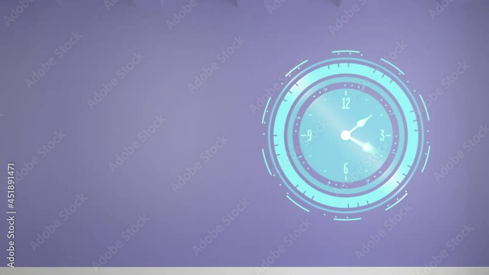 Poster animation of clock moving fast with copy space on purple background