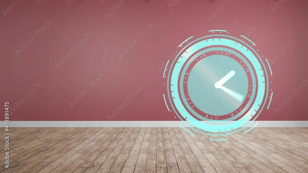 Poster animation of clock moving fast with copy space on red and wooden background
