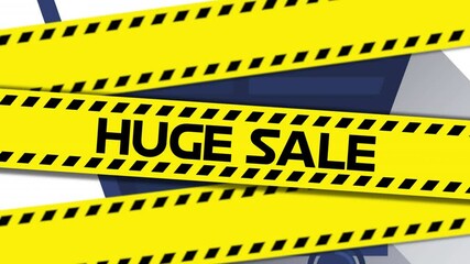 Animation of huge sale text on yellow hazard tape, with green smoke and shopping cart on black - Powered by Adobe