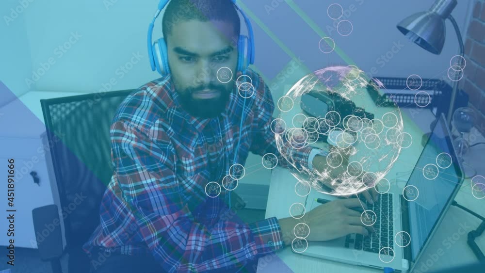 Poster animation of globe with network of connections over businessman using laptop in office