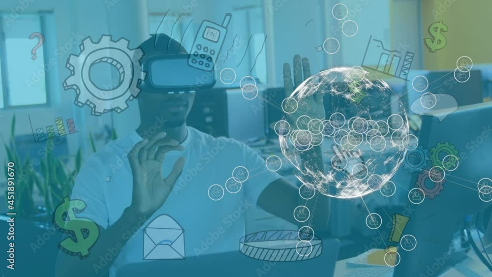 Poster Animation of globe with network of connections and icons over businessman using vr headset in office