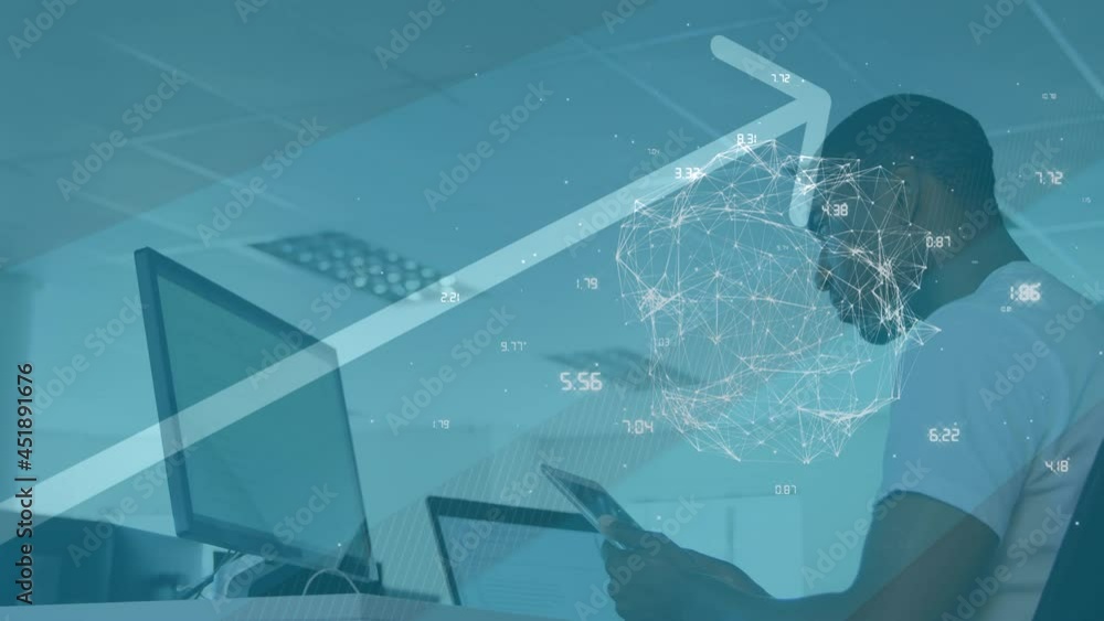 Aufkleber animation of globe with network of connections over businessman using computer in office