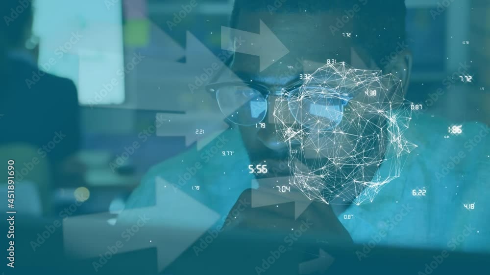 Poster animation of globe with network of connections and arrows over businessman using computer in office