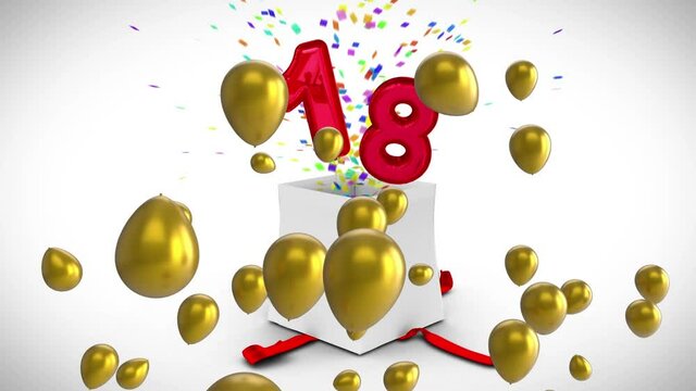 Animation of gold balloons over white gift box opening releasing colourful confetti and number 18