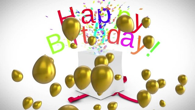 Animation of gold balloons over gift box opened releasing colourful happy birthday text and confetti