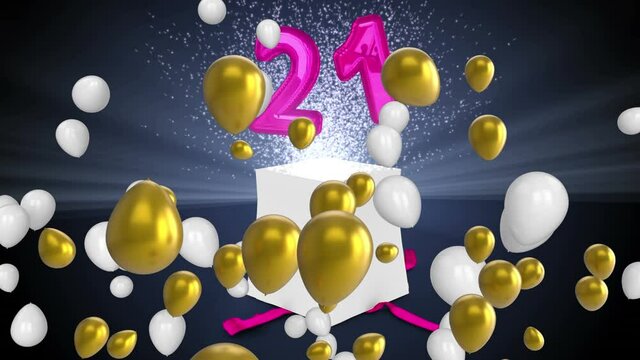 Animation of white and gold balloons over gift box opening, releasing pink number 21