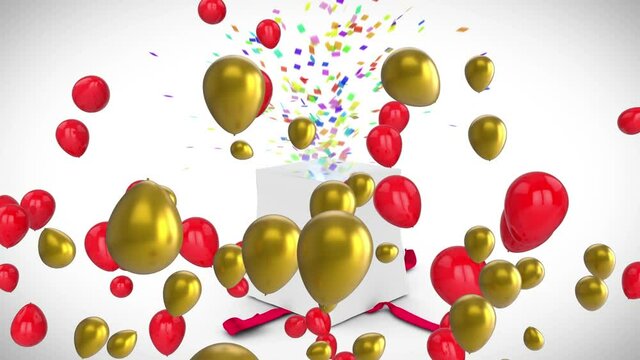 Animation of red and gold balloons over gift box opening, releasing colourful confetti