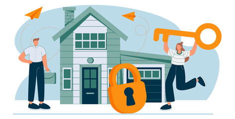 Buying a house, house keys, protection and security, real estate and turnkey rental, vector illustration