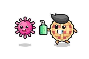 illustration of apple pie character chasing evil virus with hand sanitizer