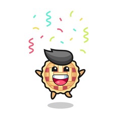 happy apple pie mascot jumping for congratulation with colour confetti