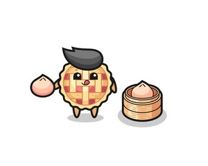 cute apple pie character eating steamed buns