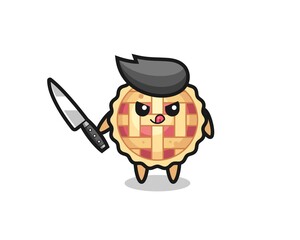 cute apple pie mascot as a psychopath holding a knife