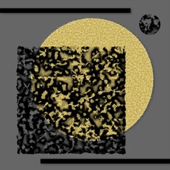 An abstract illustration featuring black and gold geometric objects on a gray background