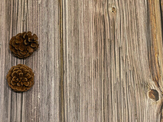 pine cones on wooden with space for text