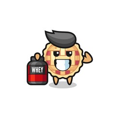 the muscular apple pie character is holding a protein supplement