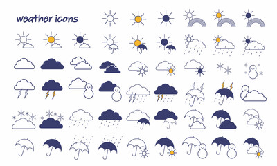 Obraz premium A set of weather icons. Vector illustration with dark blue and white lines, sunny is represented by orange. There are sunny, rain, snow, thunder, rainbow, etc.