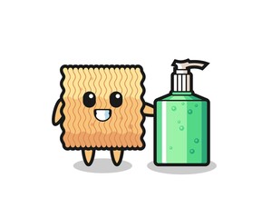 cute raw instant noodle cartoon with hand sanitizer