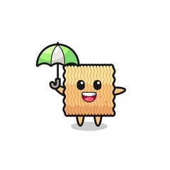cute raw instant noodle illustration holding an umbrella