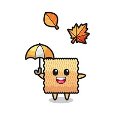 cartoon of the cute raw instant noodle holding an umbrella in autumn