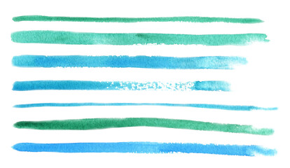 Watercolor lines of blue and green color. A set of paint strips. Clipart on a white background.  A template of picturesque stripes on design paper. Decorative long stroke on paper. hand drawn