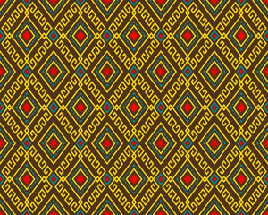 Yellow Green Tribe or Ethnic Seamless Pattern on Brown Background in Symmetry Rhombus Geometric Bohemian Style for Clothing or Apparel,Embroidery,Fabric,Package Design