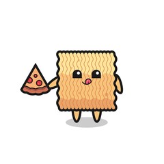 cute raw instant noodle cartoon eating pizza