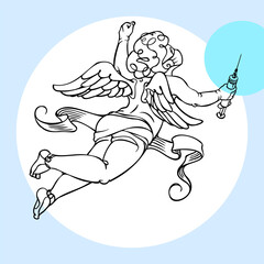 A young angel in the image of a messenger of a significant date, event or festive scene. Hand-drawn vector, design for a poster, banner, invitation, postcard, T-shirt printing, badge, stripe, tattoo.