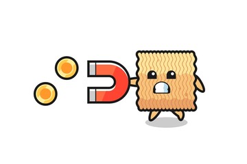 the character of raw instant noodle hold a magnet to catch the gold coins