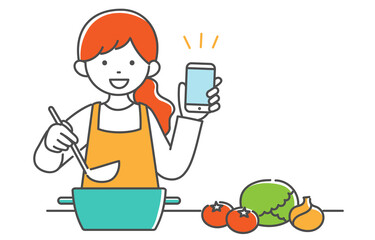 イラスト素材　主婦　スマホ　料理　レシピ検索