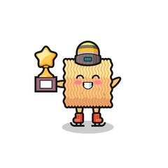 raw instant noodle cartoon as an ice skating player hold winner trophy