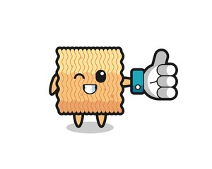 cute raw instant noodle with social media thumbs up symbol