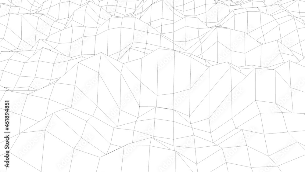 Poster wavy wireframe with black lines, liquid surface imitation, 3d rendering computer generated backdrop