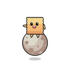 illustration of raw instant noodle cartoon sitting on the moon