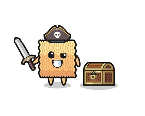 the raw instant noodle pirate character holding sword beside a treasure box