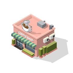 Isometric coffee shop with a sign or logo on top in the shape of a large coffee cup 3D model of a coffee shop and green trees vector illustration isolated on white background