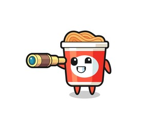 cute instant noodle character is holding an old telescope