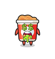 instant noodle character with an expression of crazy about money