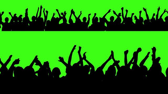 Big Crowd Of People Having Fun, Cheering, Applauding, Jumping And Celebrating At Sport Event, Concert, Festival, Party. Silhouettes Over Green Screen Or Chroma Key.