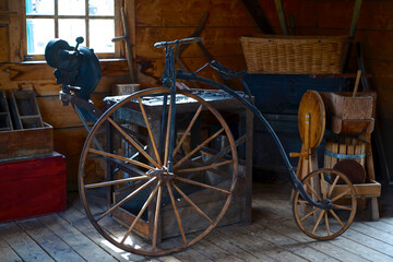 Indoor view of a historic workshop of high wheeler bicycle