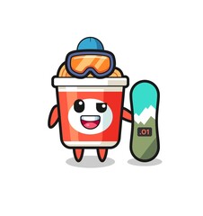 Illustration of instant noodle character with snowboarding style