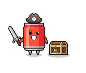 the drink can pirate character holding sword beside a treasure box