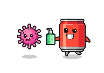 illustration of drink can character chasing evil virus with hand sanitizer