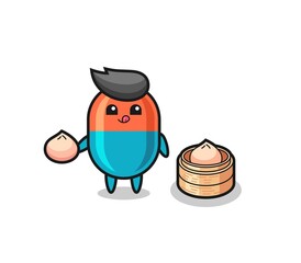 cute capsule character eating steamed buns