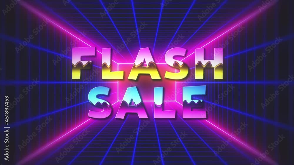 Poster retro futuristic colorful flash sale text style motion view inside 3d perspective mesh rectangle tun