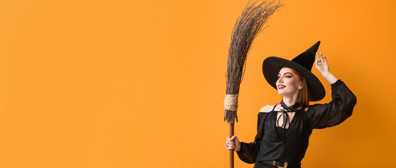 Beautiful woman dressed as witch for Halloween on color background with space for text