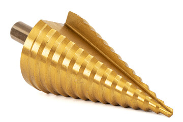 Conical step drill for drilling holes of different diameters, isolated on white background