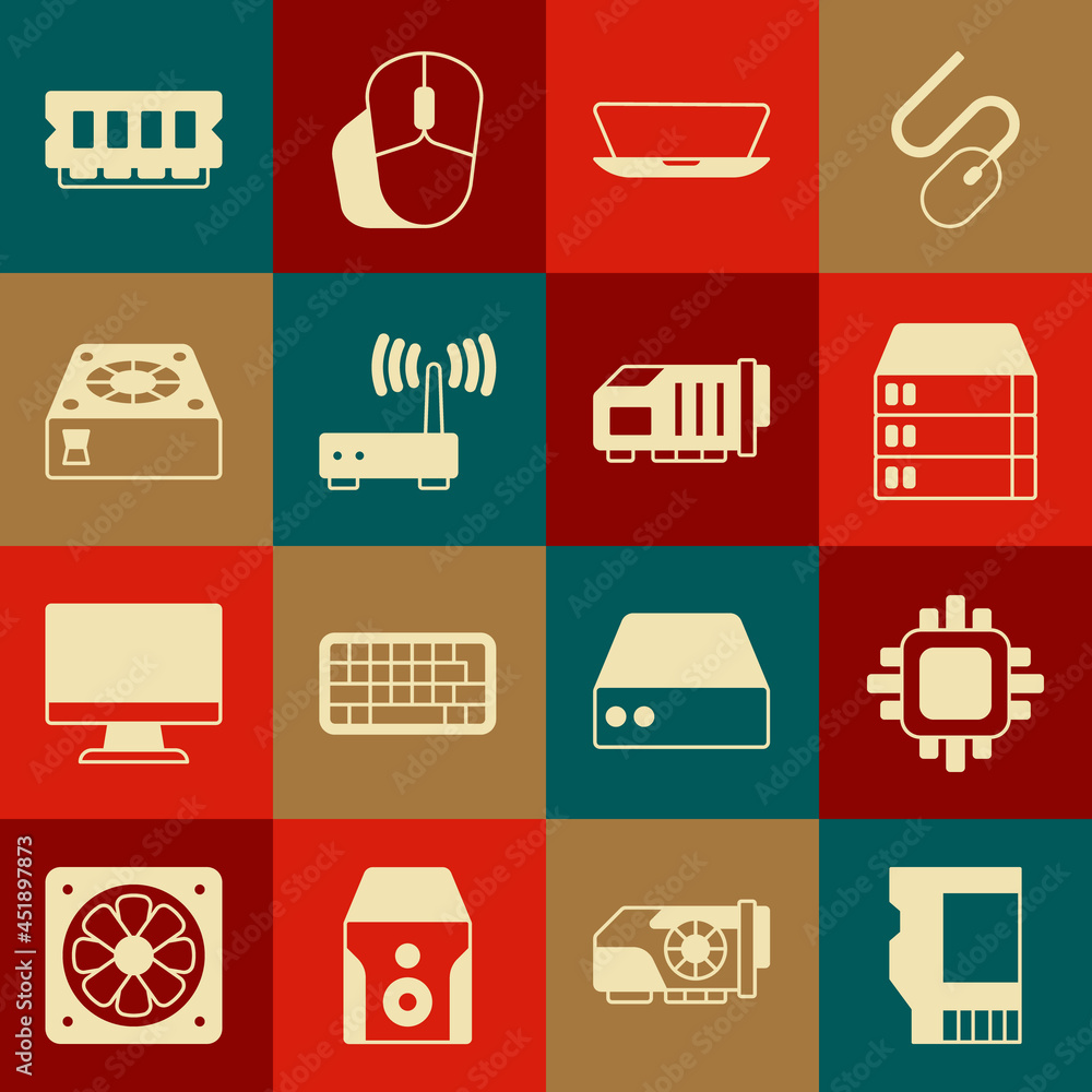 Poster set sd card, processor with cpu, server, data, web hosting, laptop, router and wi-fi signal, compute