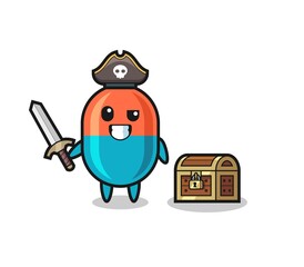 the capsule pirate character holding sword beside a treasure box