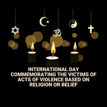Vector illustration, candle flame with religious symbol, as banner or poster, International Day Commemorating the Victims of Acts of Violence Based on Religion or Belief.