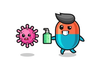 illustration of capsule character chasing evil virus with hand sanitizer
